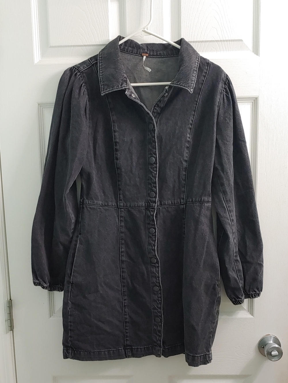 Free People Black Denim Dress Mia Puffed Sleeve Button Front Women's Size M